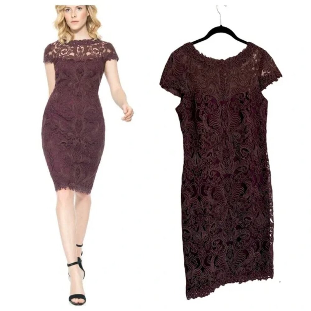 Tadashi Shoji Burgundy Corded Embroidery On Tulle Cap Sleeve Sheath Dress SZ 10
